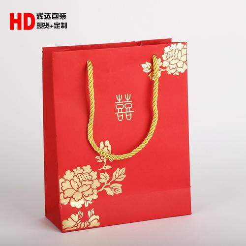 紅色牡丹婚慶喜糖包裝袋 禮品袋手提袋 購物紙袋250g白卡紙袋批發
